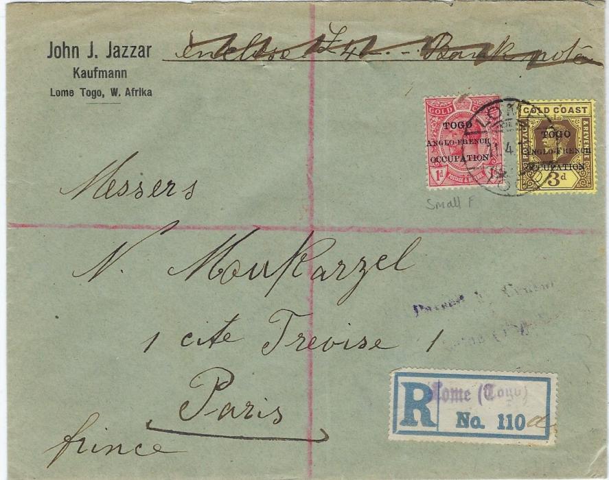 Togo 1916 (11.4.) registered cover to Paris franked Accra overprinted 1d. (small F variety) and 3d. tied by single Lome cds, blue registration label, three-ine violet censor, London transit and arrival backstamp.
