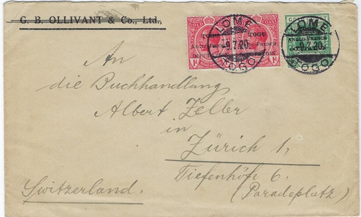 Togo 1920 (9.7.) cover  to Zurich bearing mixed franking Accra overprint 1d. pair and London overprint ½d. tied two Lome cds; good commercial cover, albeit without arrival cancel.
