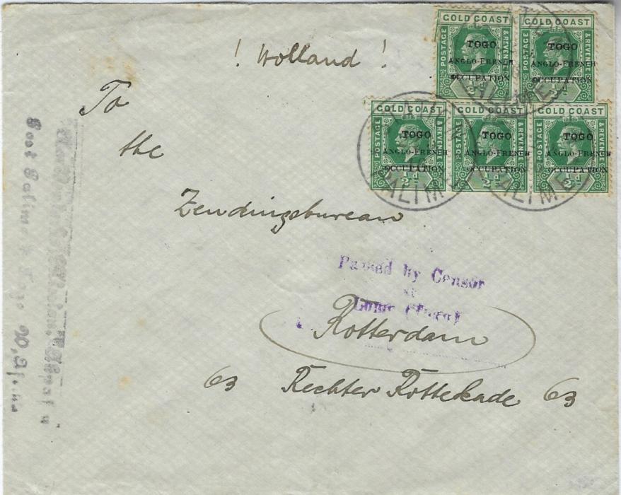 Togo 1916 cover to Rotterdam, Holland franked by five Accra overprinted ½d. tied Station Palime date stamps, three-line violet censor handstamp, reverse with Lome transit and arrival cds. Front shows company handstamp at left, top left ½d. some damage, otherwise a fine commercial cover.