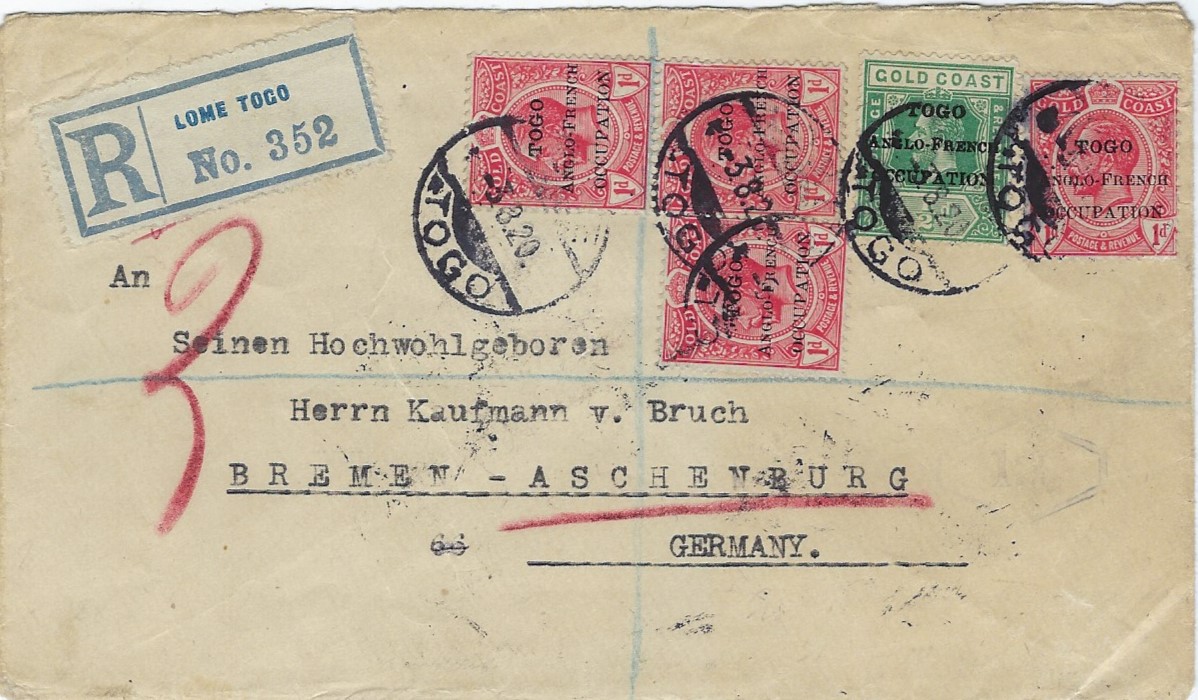 Togo 1920 (3.8.) registered cover to Bremen, Germany franked Accra overprint 1d. (4) and London overprint ½d. tied Lome cds, reverse with further despatch, Accra Gold Coast transit and arrival cds.