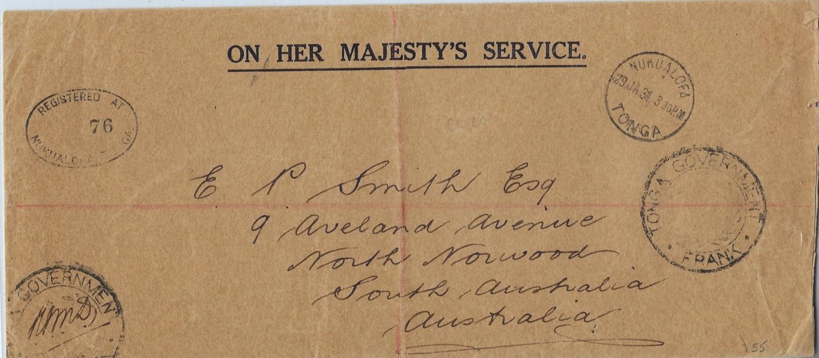 Tonga 1931 registered ‘On Her Majesty’s Service’ stampless envelope to South Australia bearing Nukualofa cds top right and oval registration at left, two TONGA GOVERNMENT FRANK handstamps; Australian transit and arrival backstamps.
