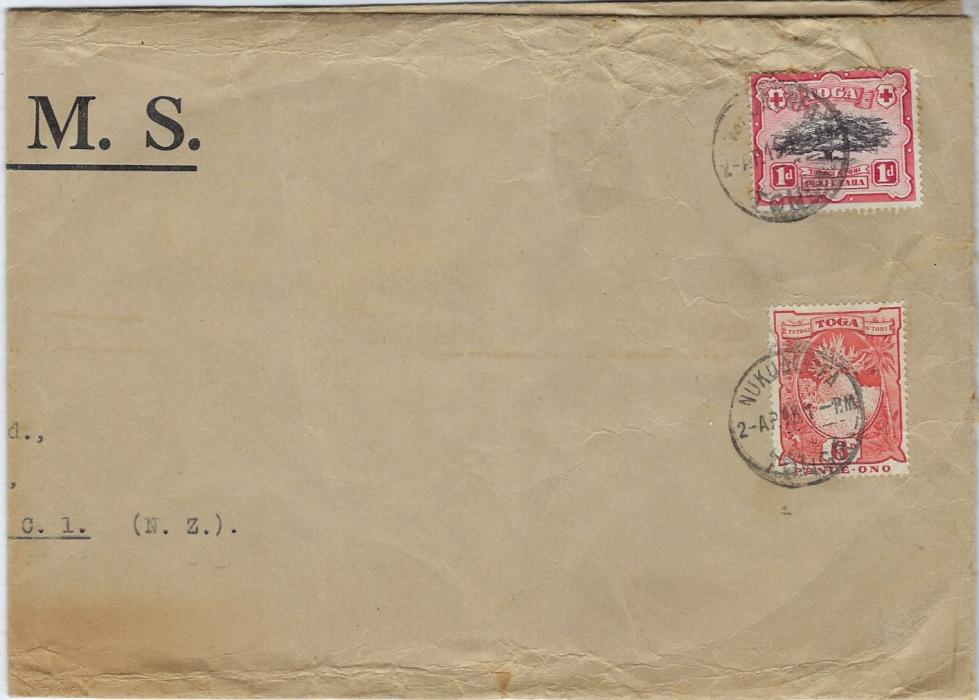 Tonga 1945 long O.H.M.S. envelope (355mm centrally folded) sent from Radio Nuku’alofa to Auckland, New Zealand franked at 7d., 3 to 4 ounces rate, with 1d. and 6d.; without any backstamps. Surely one of the largest OHMS covers.