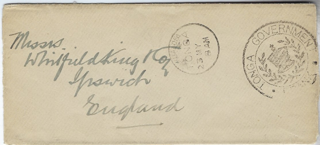 Tonga Two undated stampless covers to Ipswich, England bearing Nukualofa despatch cds and good to very fine TONGA GOVERNMENT FRANK handstamps.