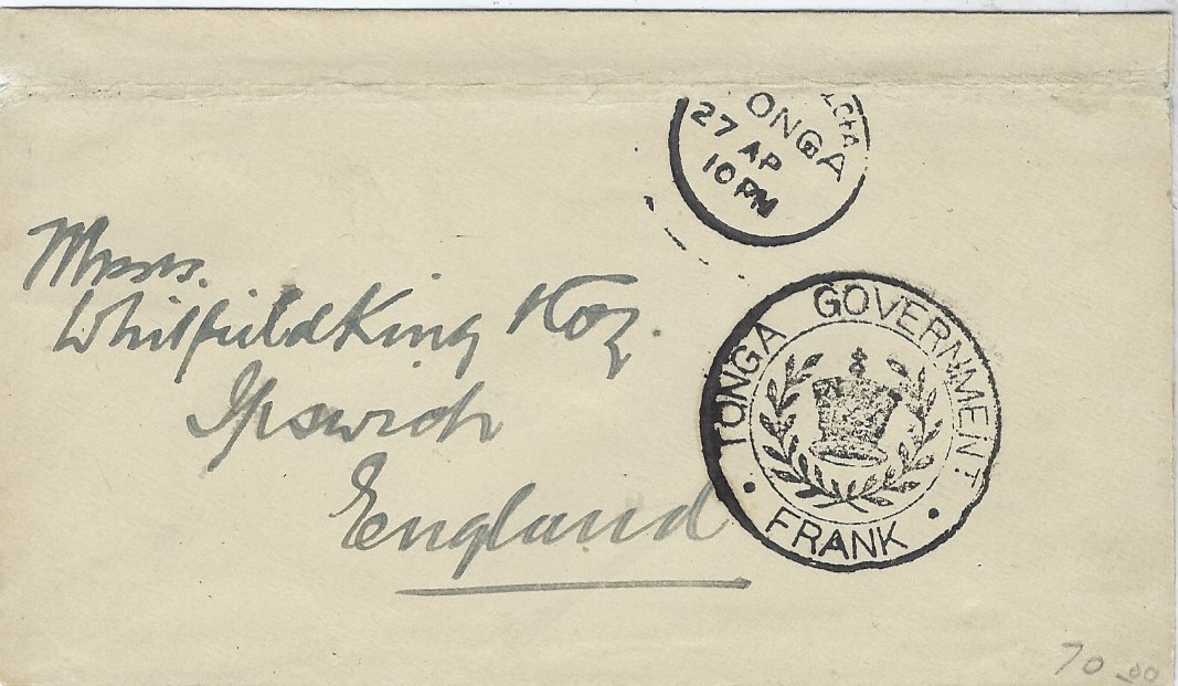 Tonga Two undated stampless covers to Ipswich, England bearing Nukualofa despatch cds and good to very fine TONGA GOVERNMENT FRANK handstamps.