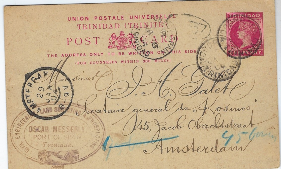 Trinidad & Tobago 1904 (JA 6) 1d. stationery card Amsterdam bearing good strike of Woodbrook cds with another strike alongside, Port of Spain transit and arrival cds of 29 Jan. A scarce cancel.