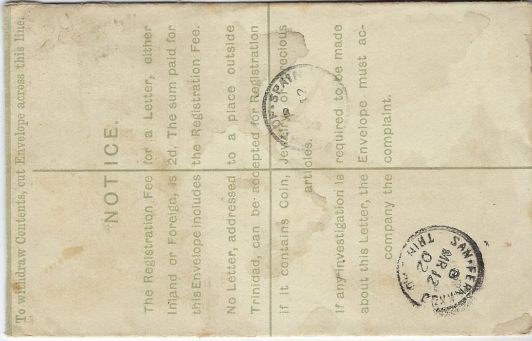 Trinidad & Tobago 1902 (MR 12) 2d. registered stationery envelope  to London additionally franked 1d. tied by scarce St.Madelaine cds with arrival at base, reverse with San Fernando and Port Of Spain transits; some slight water staining