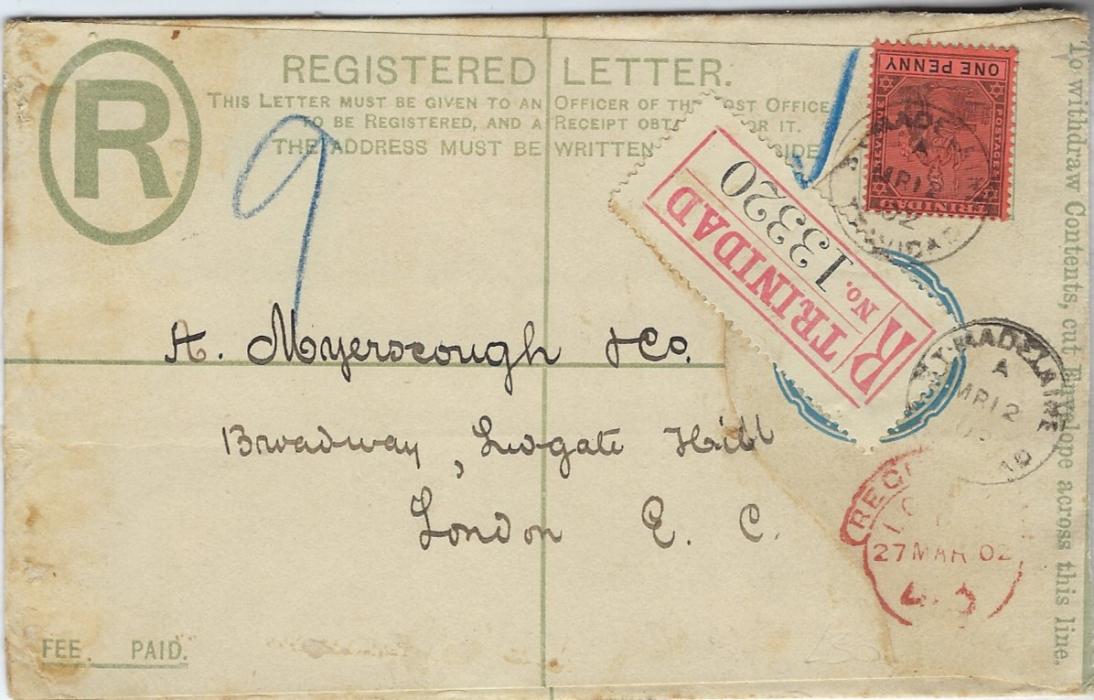 Trinidad & Tobago 1902 (MR 12) 2d. registered stationery envelope  to London additionally franked 1d. tied by scarce St.Madelaine cds with arrival at base, reverse with San Fernando and Port Of Spain transits; some slight water staining