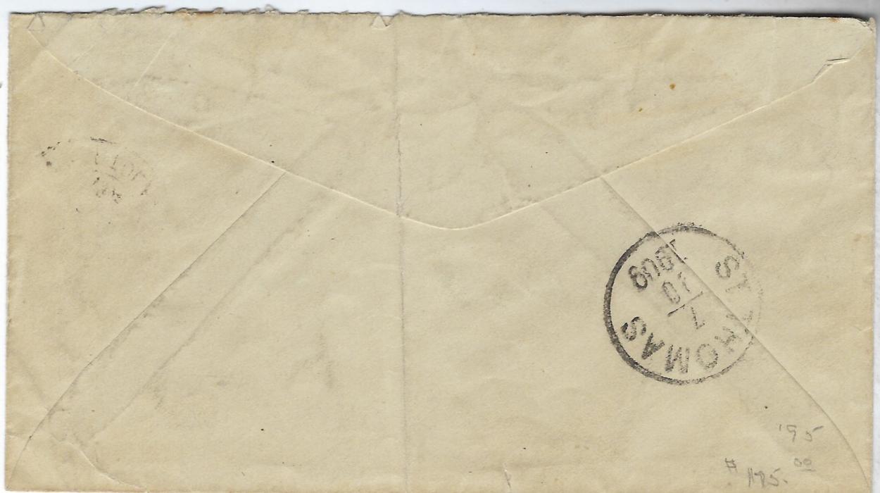 Virgin Islands 1909 cover to New York franked by 2½d. postal stationery cutout tied Road-Town Tortola V.I. date stamp, repeated at right, St Thomas transit backstamp; vertical filing crease and some stining, scarce item