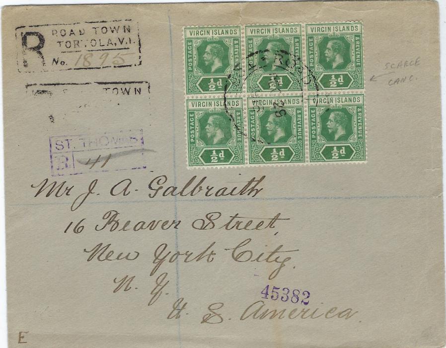 Virgin Islands 1917 registered cover to New York, franked 1916 ½d. green block of six cancelled by scarcer larger double-ring date stamp, registration handstamp at left, two strikes as first unclear, Danish St. Thomas transit registration, reverse associated transit, rare U.S. Seapost and New York cancels.