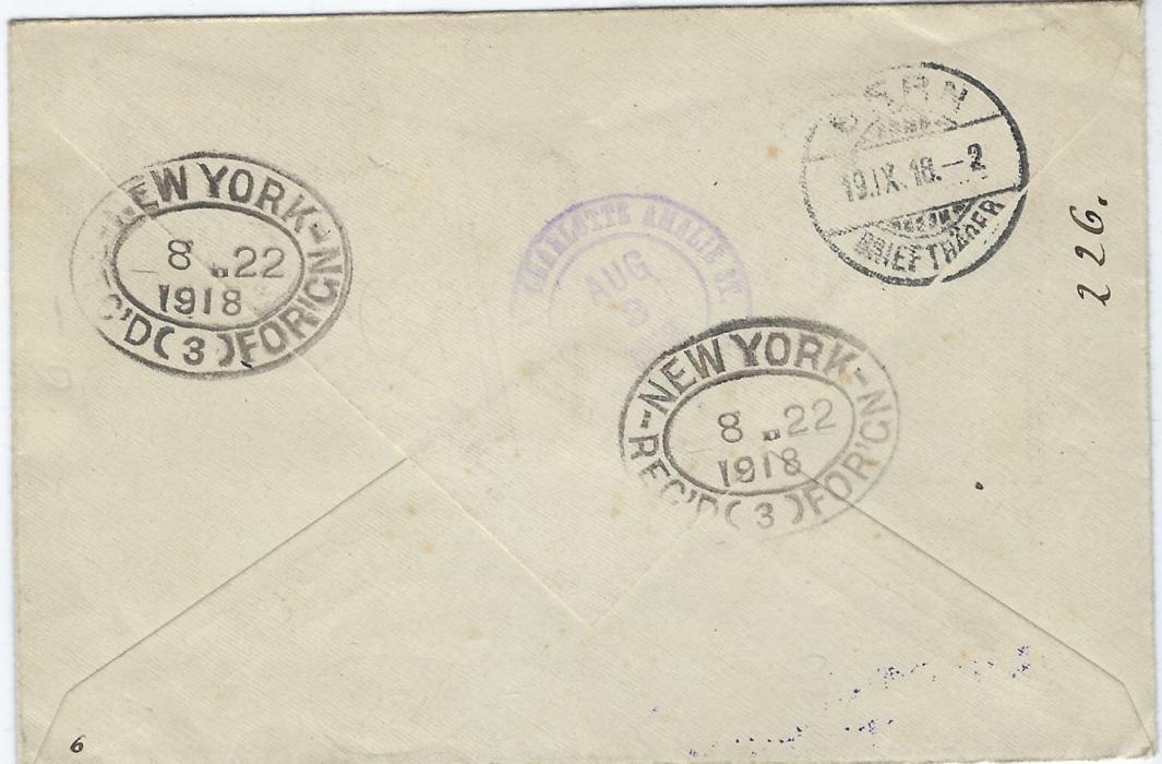 Virgin Islands 1918 (AU 1)registered cover to Berne, Switzerland franked ‘War Stamp’ 1d. and 3d. marginal pairs cancelled by Tortola cds, registration handstamp to left, reverse with Charlotte Amalie transit of American Virgin Islands, New York transits and arrival cds; fine condition.