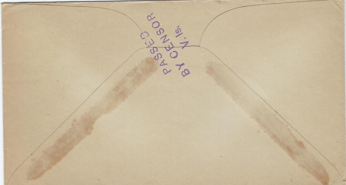 Virgin Islands 1940 (23 Sep) cover to Hillsboro, North Carolina franked 1922-28 ½d., 1d. and 1½d. tied Road Town cds, an unsealed envelope with very fine censor handstamp on reverse, the earliest recorded date of this handstamp.