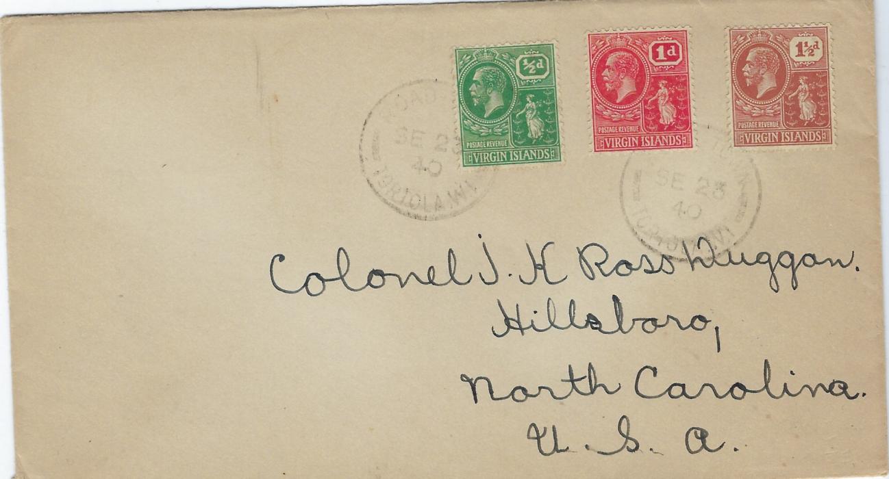 Virgin Islands 1940 (23 Sep) cover to Hillsboro, North Carolina franked 1922-28 ½d., 1d. and 1½d. tied Road Town cds, an unsealed envelope with very fine censor handstamp on reverse, the earliest recorded date of this handstamp.