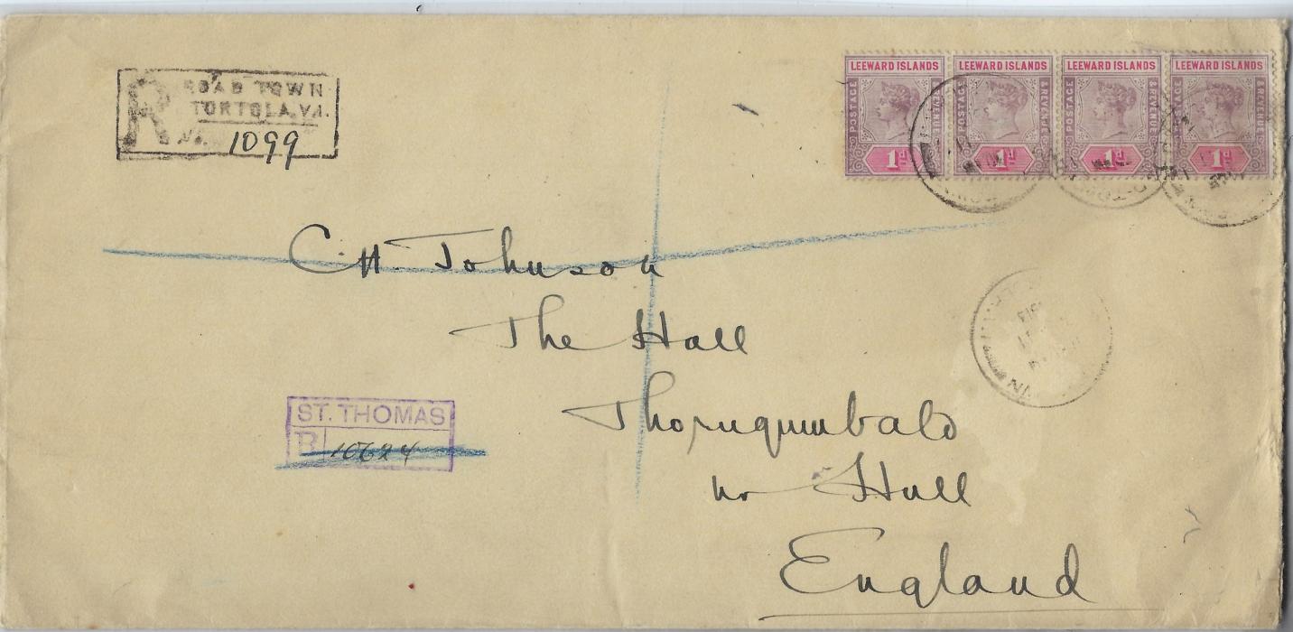 Virgin Islands 1913 registered cover to Burstwick, Hull franked Leeward Islands 1890 1d. horizontal strip of four tied Road-Town cds, registration handstamp at left, Danish St Thoma registration below and cds on reverse together with London and Hull transits and arrival cds.