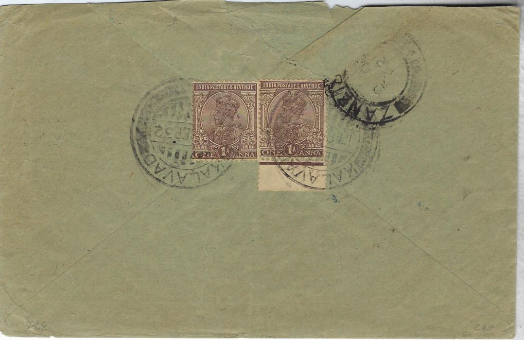 Zanzibar (Postage Due) 1932 (3 OC) incoming  printd commercial cover from India, underfranked on reverse by two 1a. tied Kalavad cds of 17 Sep, Kalavad/Due horseshoe taxmark (partly obscured) and bold ‘T 10 Cents’to indicate double deficiency in gold  centimes, part arrival backstamp of 2 OC, with 1930-33 6c. black/yellow (6th setting, 1st printing, R2/2) applied on face and tied by Reg Zanzibar cds of following day. Small envelope faults but a fine and striking commercial usage. Ex Griffith-Jones (illustrated as fig 11.25 on p.306 of his book).