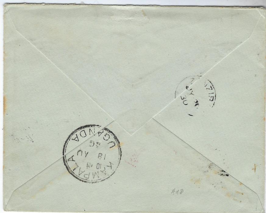 Zanzibar 1930 (JY 1) incoming  underpaid  cover from Kampala, Uganda to Poste Restante underfranked with 1c. and 10c., ‘ ‘T’ tax mark at upper left, deficiency of 1 Uganda cents (= 6 Zanzibar cents) paid by 1930-33 6c. black/yellow  postage due tied cds, subsequently marked with red m/s “Charges paid” above and signed. Philatelic (with the co-operation of the Zanzibar postmaster), still scarce and very fine. Ex Griffith-Jones