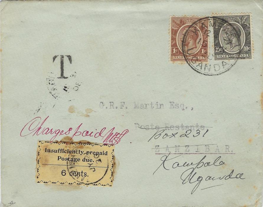 Zanzibar 1930 (JY 1) incoming  underpaid  cover from Kampala, Uganda to Poste Restante underfranked with 1c. and 10c., ‘ ‘T’ tax mark at upper left, deficiency of 1 Uganda cents (= 6 Zanzibar cents) paid by 1930-33 6c. black/yellow  postage due tied cds, subsequently marked with red m/s “Charges paid” above and signed. Philatelic (with the co-operation of the Zanzibar postmaster), still scarce and very fine. Ex Griffith-Jones
