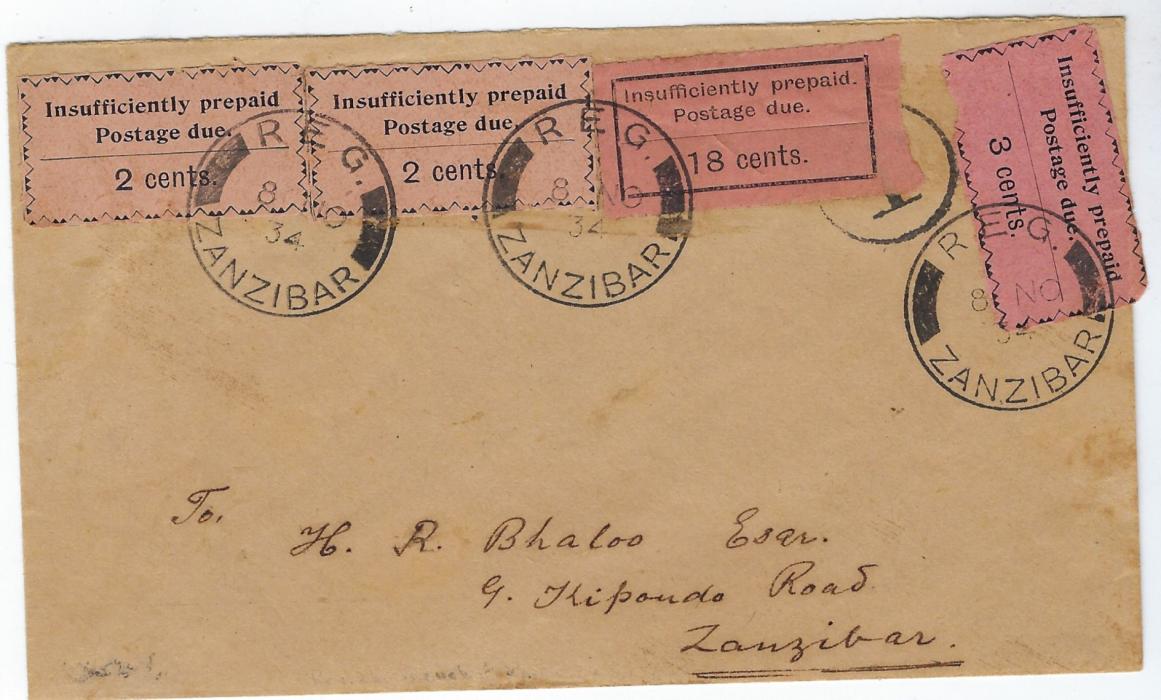 Zanzibar (Postage Due) 1934 stampless cover bearing fine Paquebot Zanzibar backstamp, ‘T’ in circle handstamp at top right, postage dues applied on front, 1926-30 18c. black/orange and 1930-33 2c. black/salmon x 2 and 3c. black/rose (small fault bottom left) tied by fine cds.