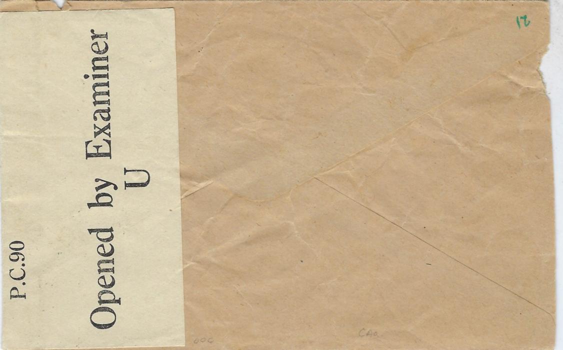 Zanzibar (Postage Due) 1942 (1 AU) incoming censored stampless cover written in arabic and translated on arrival, maybe carried by private ship, charged “60” in pencil which would equate double deficiency of 3a6p (x2) the rate from the Gulf, and paid by 1936 Due 30c. brown vertical pair tied cds. Censorship on arrival with Opened by Examiner/  U tape. Ex Griffith-Jones.