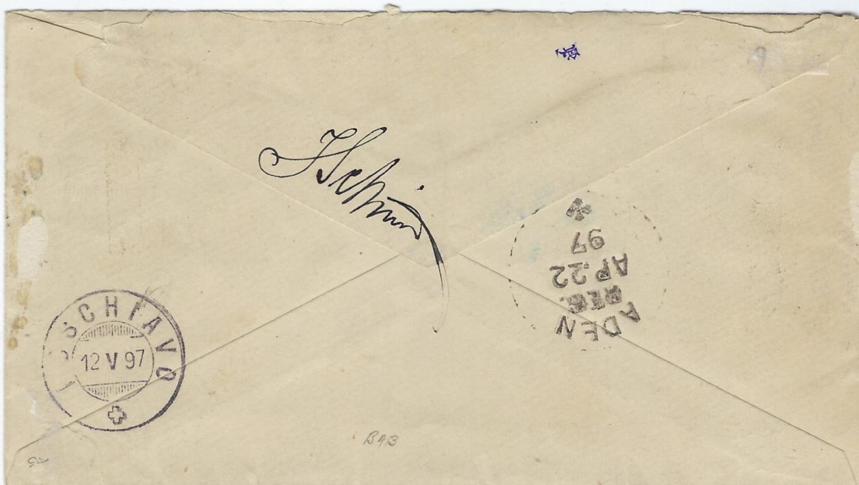 Zanzibar 1896 2 ½a stationery envelope registered to Poshciavo, Switzerland and additionally franked 1r. blue, 2r. green and 3r. dull purple each cancelled by thimble cds, reverse with Aden transit and arrival cds. The front also shows blue manuscript registration of Indian Sea Post Office; fine and attractive.
