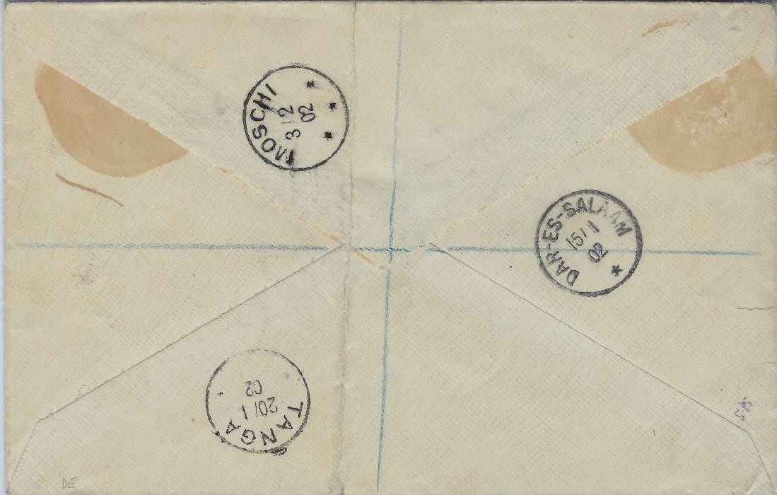 Zanzibar 1902 (14 JA) registered cover to Moschi, German East Africa franked 1a. indigo (small NE corner fault), 3a. grey and 4a myrtle-green each tied by square-circle date stamp, framed ‘R’ at right and at base framed ‘TOO LATE’, reverse with transits of Dar-Es-Salaam (15/1) and Tanga (20/1) plus arrival cds (3/2); heavy central vertical filing crease.