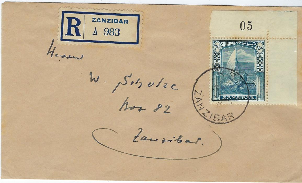 Zanzibar 1939 (6 JA) registered cover bearing numbered corner marginal 7s.50 light blue  ‘Dhow’ tied REG. ZANZIBAR cds. Fine philatelic cover.