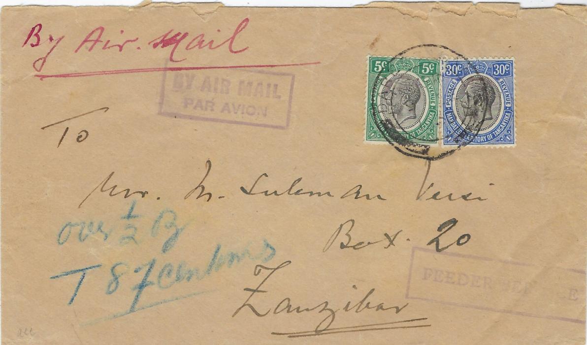 Zanzibar (Postage Due) 1933 incoming airmail cover from Dar es Salaam underfranked at 35c. single rate, with blue endorsement 