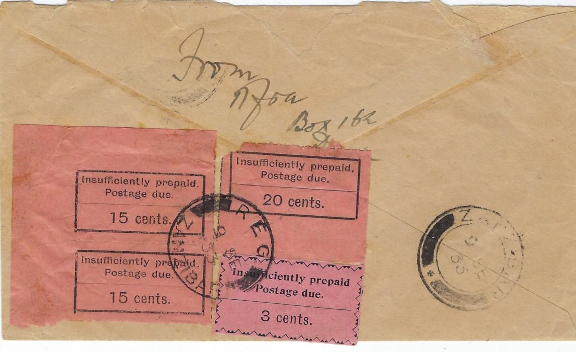 Zanzibar (Postage Due) 1933 incoming airmail cover from Dar es Salaam underfranked at 35c. single rate, with blue endorsement 