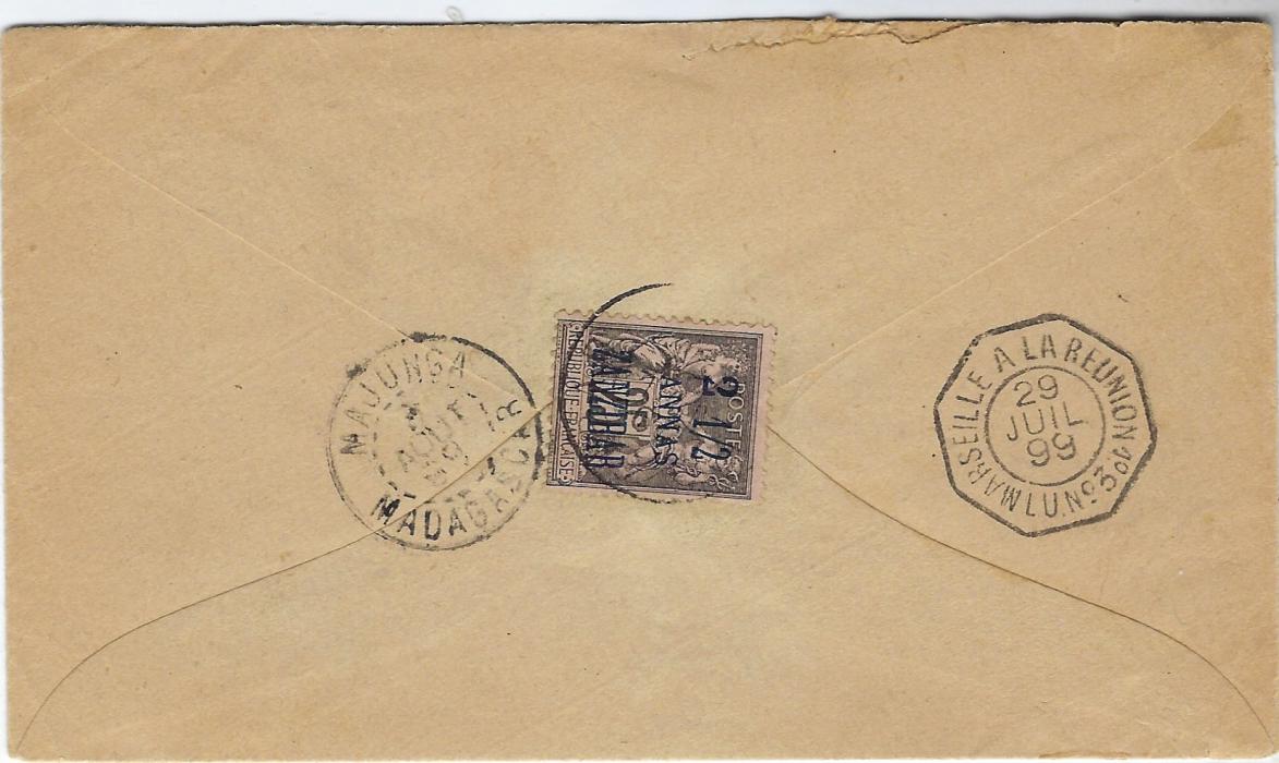 Zanzibar (French Post Office) 1899 (29 Juil) cover to Mooldava, Madagascar franked on reverse with 2 ½a. on 25c. tied unclear cds, a good strike on front, octagonal Marseille A La Reunion LU No.3 date stamp, Majunga Madagascar cds to left.