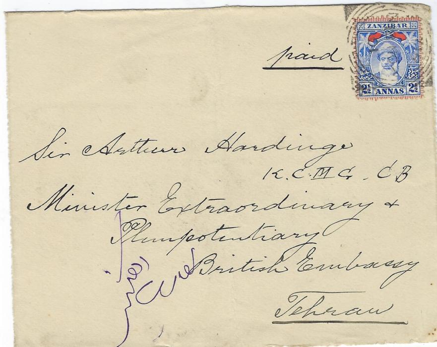 Zanzibar 1901 Front only of cover addressed to Sir Arthur Hardinge, who had been Consul General in Zanzibar from 1894 and became Commissioner and Consul-General of the East Africa Protectorate. He left Mombassa on 7 Oct 1900 for his new post in Teheran. Ex Rossiter.