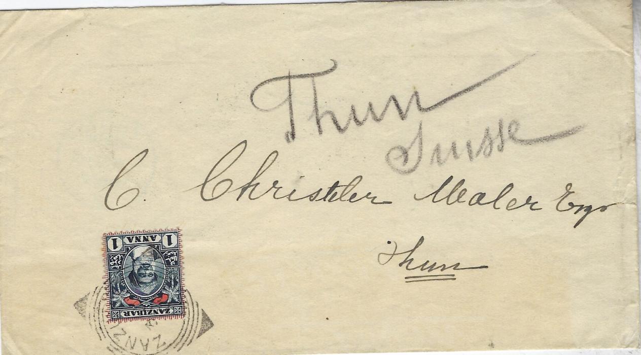Zanzibar 1900 cover to Thun, Switzerland bearing appropriate single franking 1a. with fine company advertising on reverse for ‘Coutinho Brothers/ Photographers/ and/ Rubber Stamp Makers/ Zanzibar’, arrival backstamp.
