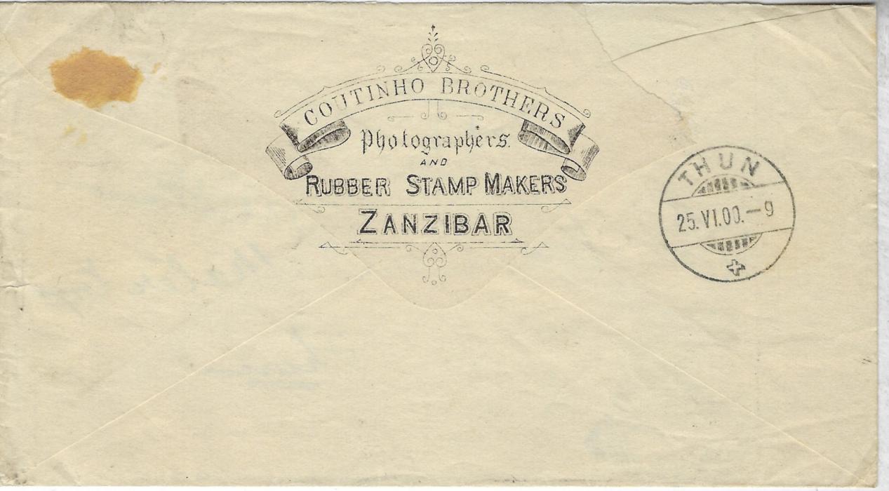 Zanzibar 1900 cover to Thun, Switzerland bearing appropriate single franking 1a. with fine company advertising on reverse for ‘Coutinho Brothers/ Photographers/ and/ Rubber Stamp Makers/ Zanzibar’, arrival backstamp.