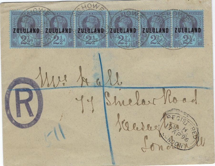 Zululand 1886 registered cover to London franked Great Britain Jubilee issue overprinted 2 1/2d. in horizontal strip of six tied Eshowe cds, Government embossed envelope with Treasury oval date stamp on back. Registered London transit and arrival date stamps.