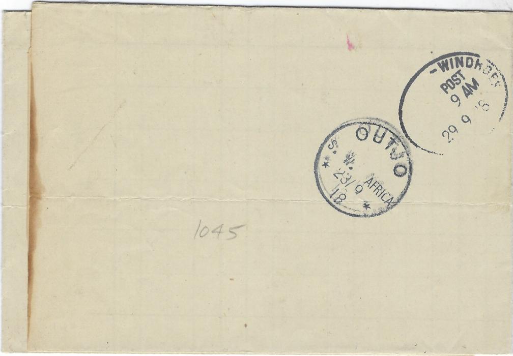 South West Africa 1918 (SP 5) stampless folded O.H.M.S. Rainfall Report to Windhuk bearing fine Franzfontein  cds, reverse with German Colonial amended Outjo cds(23/9)  and Bahnpost Windhoek arrival 29.9.; fine condition.