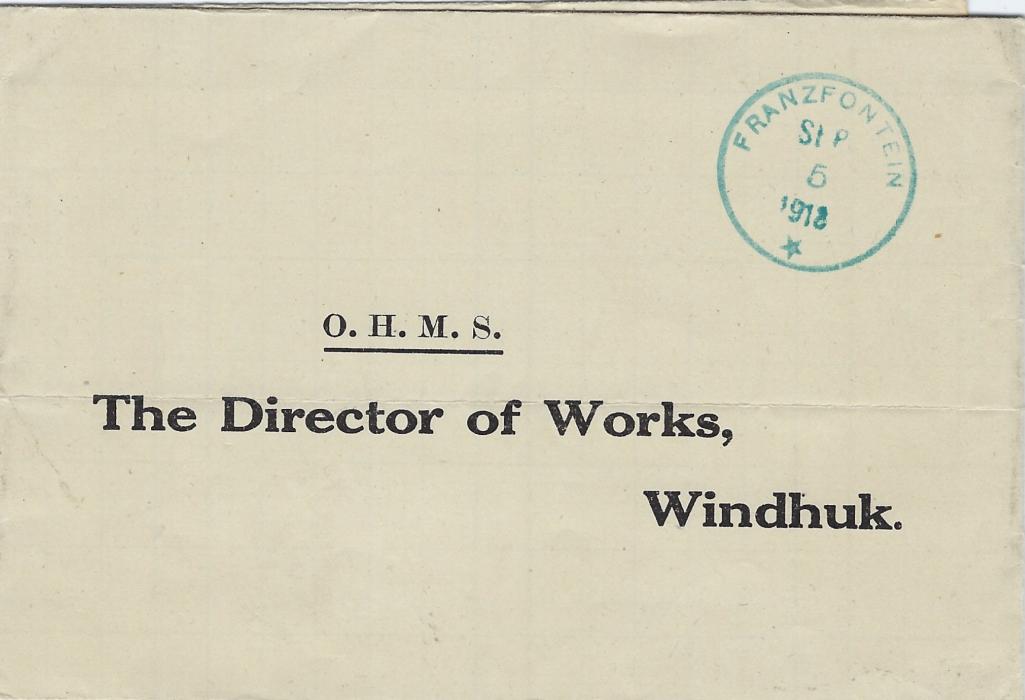 South West Africa 1918 (SP 5) stampless folded O.H.M.S. Rainfall Report to Windhuk bearing fine Franzfontein  cds, reverse with German Colonial amended Outjo cds(23/9)  and Bahnpost Windhoek arrival 29.9.; fine condition.