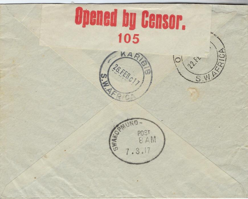 South West Africa 1917 (22 Feb) censored cover to Swakopmund franked 1d. tied violet Kalkfeld cds with Outjo (22 FEB) and Karibib  (26 FEB) transit backstamps together with German South West Africa amended arrival (Bahnpost) cancel of 7.3.