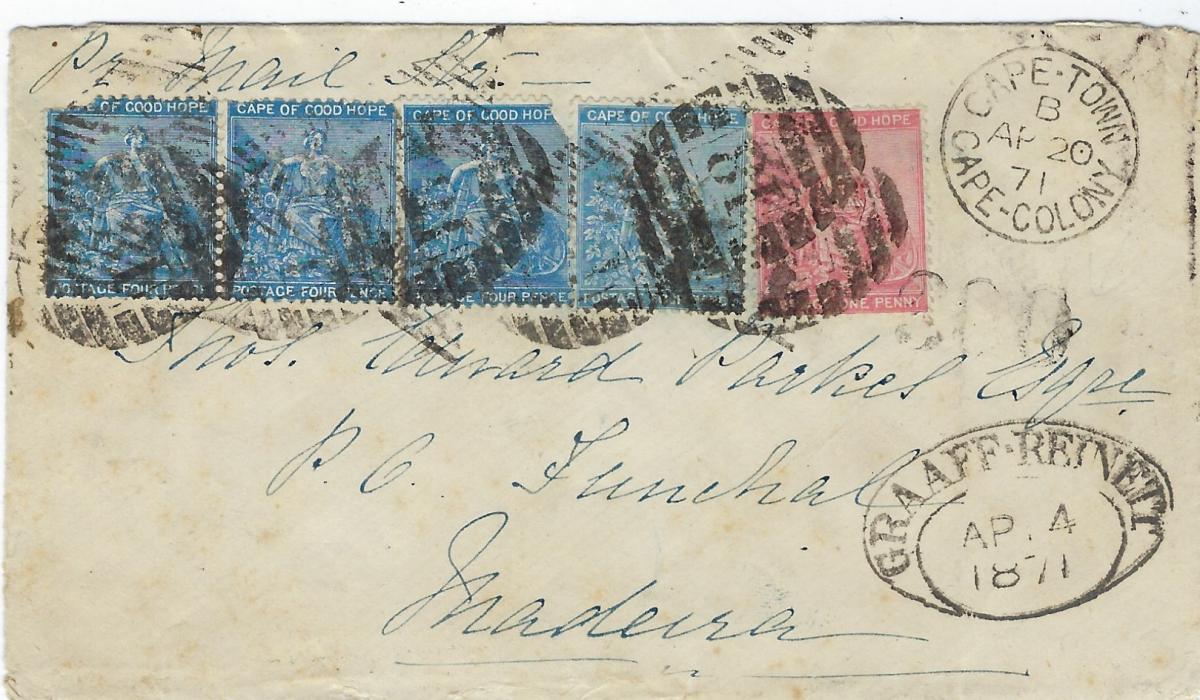South Africa SOUTH AFRICA :  (Cape of Good Hope) 1871 cover to Madeira franked 1d. and 4d. (pair and two singles – two stamps damaged) tied by triangular bars handstamp overstruck ‘18’ obliterators, Cape Town Cape colony cds at right and ornate Graff-Reinett below this. Without backstamps.