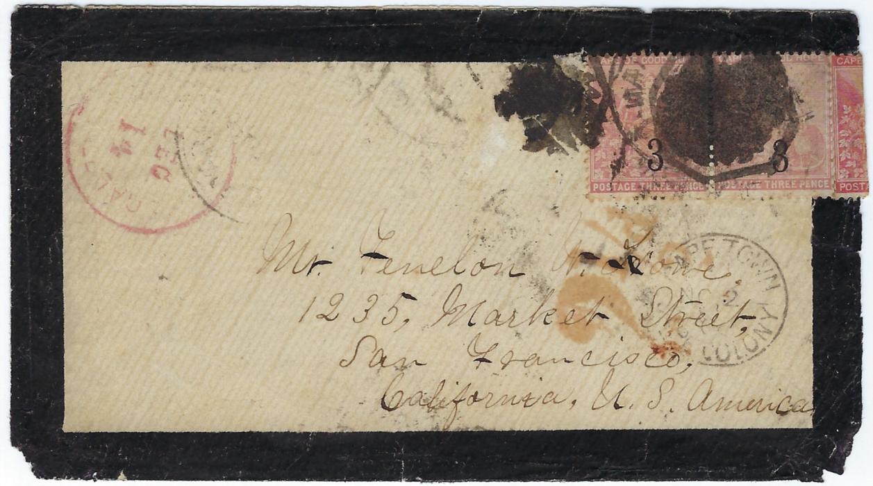 South Africa (Cape of Good Hope) 1880 (OC 31)  franked mourning cover to San Francisco franked ‘3’ on 3d pale dull rose and 1871-76 1d. horizontal strip of five folded over to back, one stamp split on opening and tied by cancels that have been deliberately obliterated, Swellendam cds on reverse, Capetown cds on front, London transit backstamp, arrival cancels of Dec 14 front and back. Some faults to envelope, an interesting item.