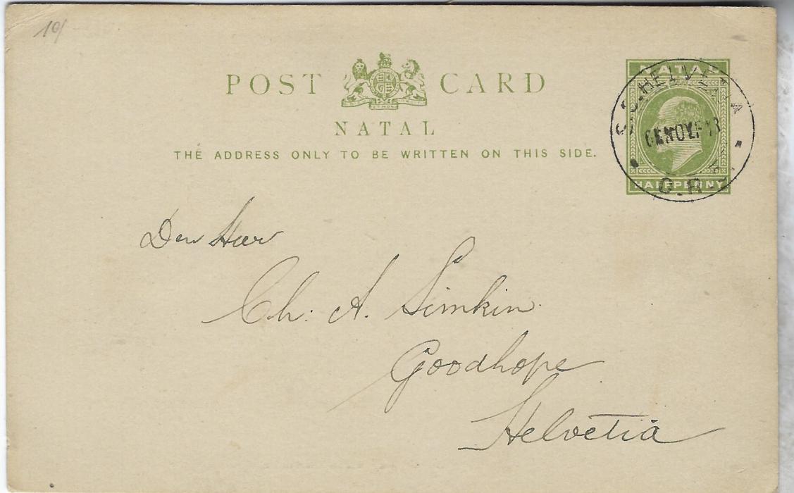 South Africa (Natal) 1900s ½d. postal stationery card with printed message for travelling portrait artist cancelled by S.S.Helvetia  O.R.C.  cds; fine quality.