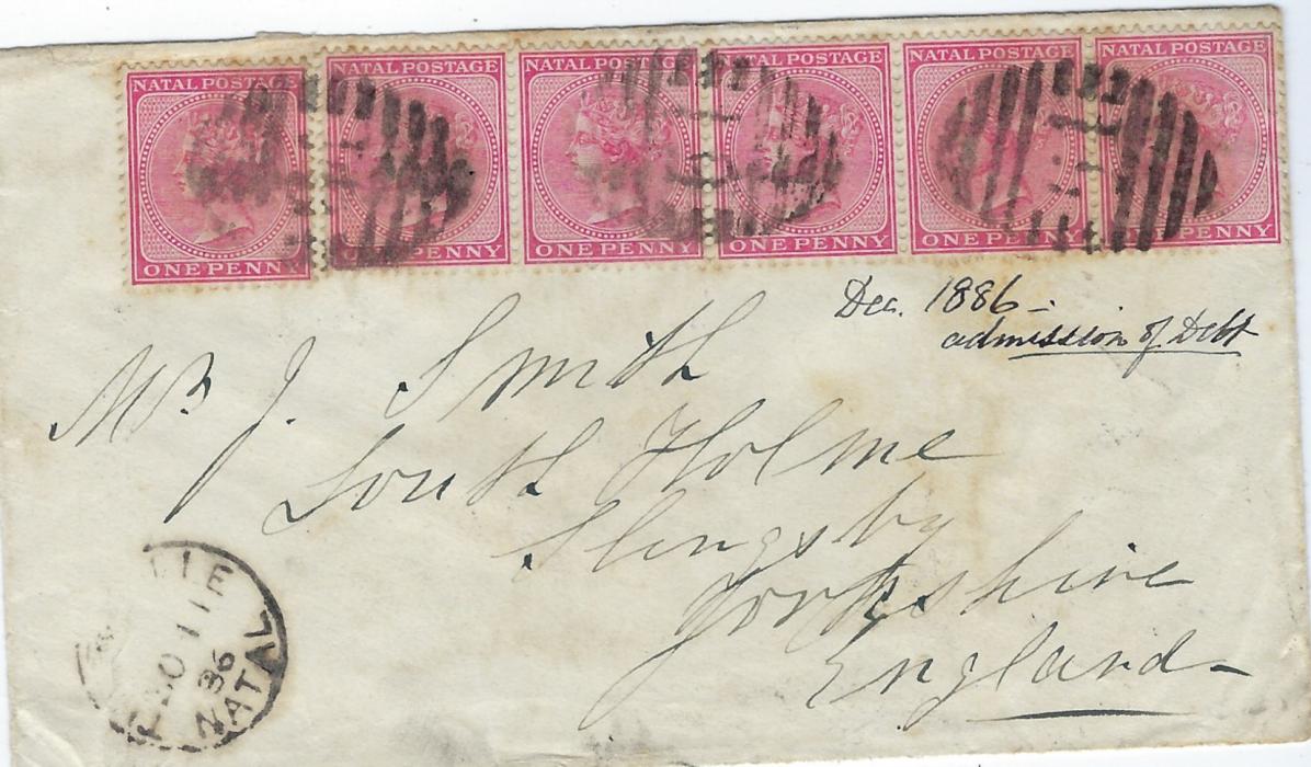 South Africa (Natal) 1886 cover to Slingsby, Yorkshire franked 1882-89 single and strip of five 1d. rose cancelled ‘64’ obliterators with Thornville cds in association, reverse with G.P.O. Natal and york transits plus arrival cds.