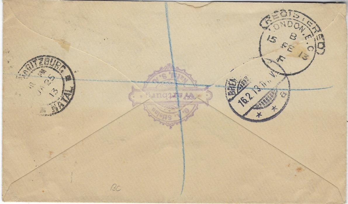 South Africa (Natal) 1913 registered cover to Germany bearing issues from three States - Natal, Orange River Colony and Transvaal – tied Wartburg cds, manuscript registration at top, reverse with London transit and Bremerhaven arrival cds.