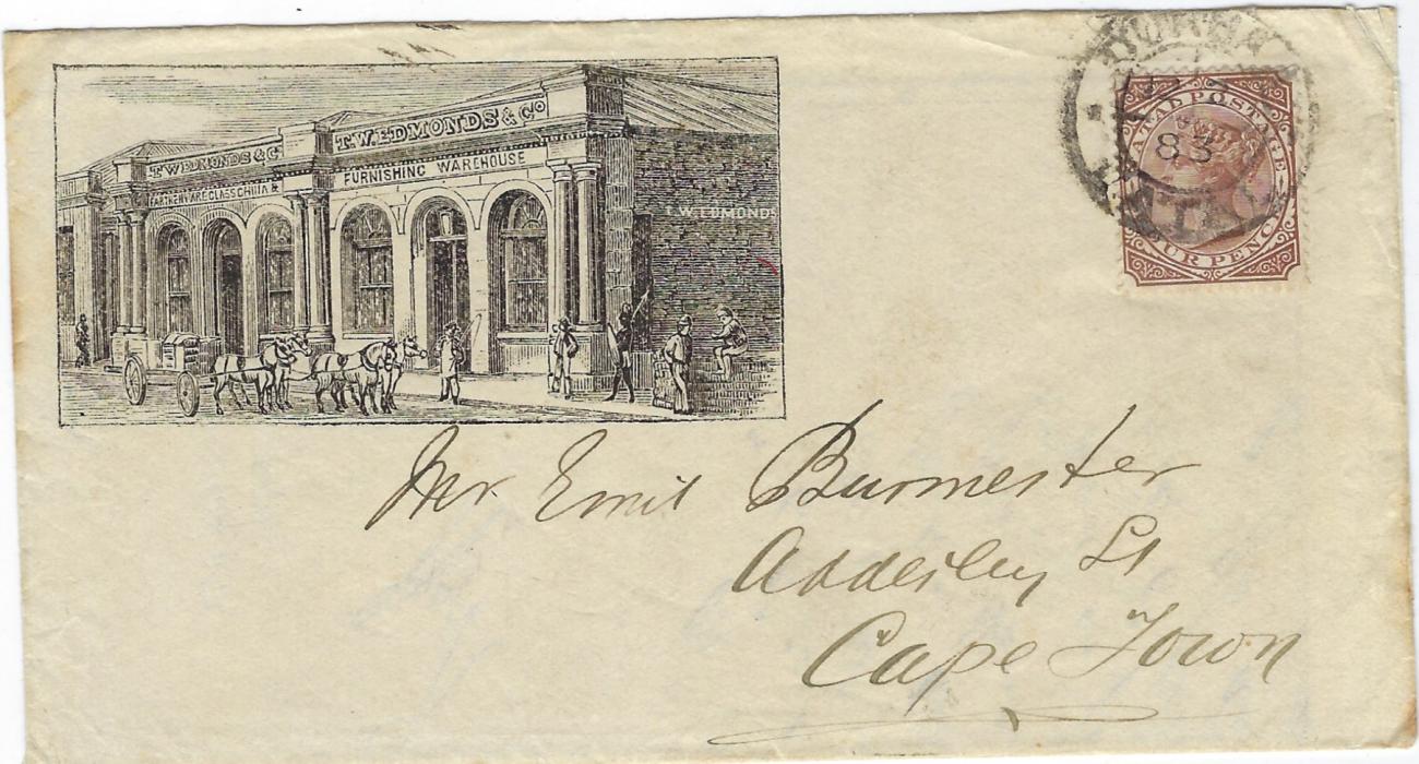 South Africa (Natal) 1883 T.W. Edmonds & co. fine illustrated envelope, Durban t Cape Town bearing single franking 4d. The illustration of the companys premises Earthenware Glass China & Furnishing Warehouse, with contents, good condition.