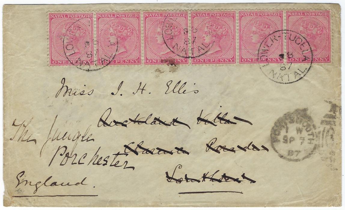 South Africa (Natal) 1887 cover to England franked horizontal strip of six 1d. tied Lower-Tucela cds, Durban transit on reverse, redirected upon arrival.