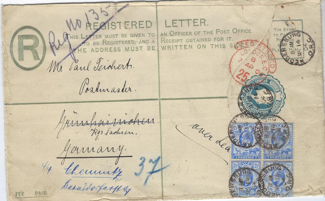 South Africa (Orange River Colony) 1904 4d. postal stationery registration envelope, uprated block of four 2 1/2d.tied by Reddersburg date stamp, addressed to Chemnitz, Germany, red London transit, arrival backstamp.