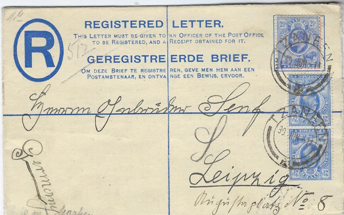 South Africa (Orange River Colony) 1914 4d. postal stationery registration envelope of South Africa to Leipzig, uprated with three 2 ½d.  tied Tzaneen cds, arrival backstamp tying stamp image. The top stamp overlays a 1d. South African stamp. Good condition.