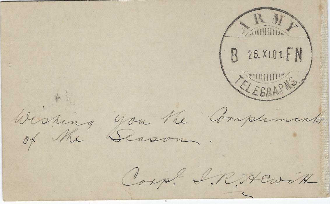 South Africa (Orange Free State) 1910 V.R.!.  ½d. on Half Penny postal stationery card to Huddersfield uprated Orange River Colony ½d., tied Bloemfontein cds, straight-line N P R  handstamp, reverse with fine Army Telegraphs date stamp of same despatch date on reverse.