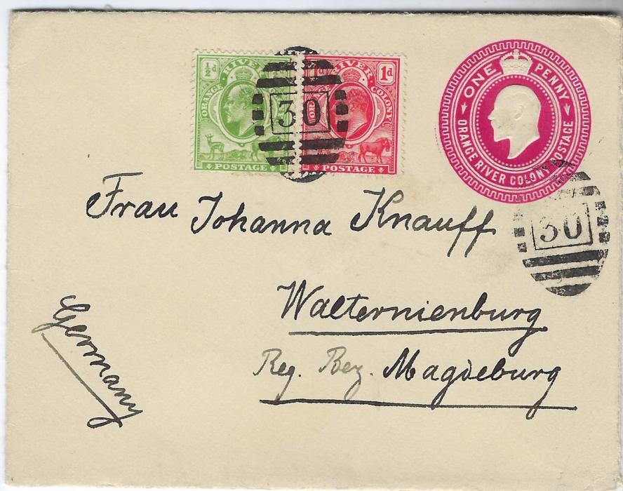 South Africa (Orange River Colony) 1900s 1d. postal stationery envelope to Germany additionally franked ½d. and 1d. tied by clear ‘30’ numeral obliterator, unclear backstamp.