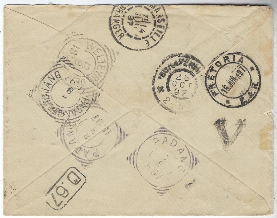 South Africa (Transvaal) 1897 (16 Jun) cover to Netherland Indies franked 1896-97 ½d. and vertical pair 1d. tied Pretoria cds which is repeated on reverse, Padang square circles of 8/8 and Weltevreden of 12/8, the cover being returned with framed VERTROKKEN/ PARTI handstamp and redirected to Netherlands with oval blue handstamp on front, reverse with Marseille transit and arrival cds of 26 Oct.