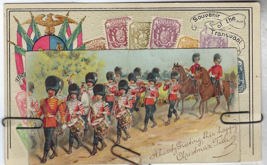 South Africa (Transvaal) 1906 embossed ‘stamp’ postcard with a further smaller Christmas illustration of military band, attached by paperclips, from Ermelo to Stellenbosch, franked at ½d. postcard rate but not accepted as this with handstamped ‘T’ , “1d” manuscript charge and endorsed “Letter Rate”. Fine condition.