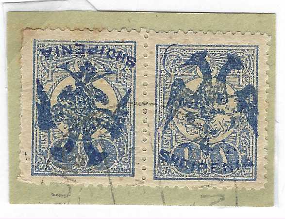 Albania 1913 Double Headed Eagle Overprint, 1pi. ultramarine with blue overprint, 2 copies on piece, one with inverted overprint; some slightly trimmed perfs and a little toning, Scheller Certificate