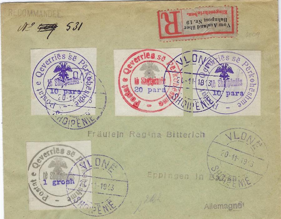 Albania 1913 (20.11.) registered cover to Germany franked hanstamped Arms 10 para (2), 20 para and 1 grosh tied by three Vlone date stamps, German  ‘Vom Ausland uber/ Bahnpost Nr.19’ registration label, reverse with German railway cancel.